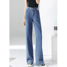 Modern Blue High Waist Zip Up Pockets Plaid Cotton Wide Leg Pants Trousers Summer