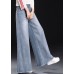 Women Light Blue High Waist Pockets Tassel Cotton Denim Wide Leg Pants Summer