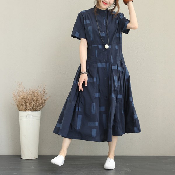 women blue natural cotton dress Loose fitting stand collar caftans boutique big hem shirt maxi dresses