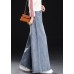 Women Light Blue High Waist Pockets Tassel Cotton Denim Wide Leg Pants Summer