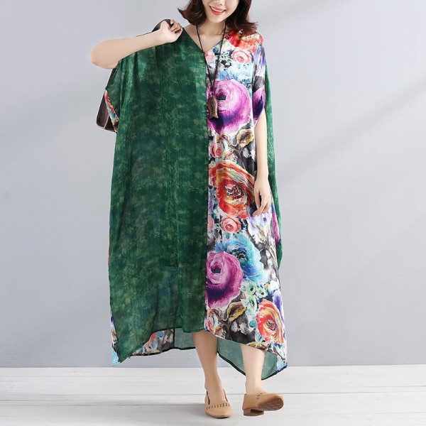 Women chiffon Robes Fitted V Neck Splicing Short Sleeves Printed Women Summer Dress