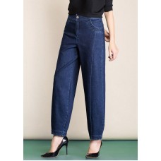 Navy Pockets Patchwork Cotton Denim Harem Pants High Waist Spring