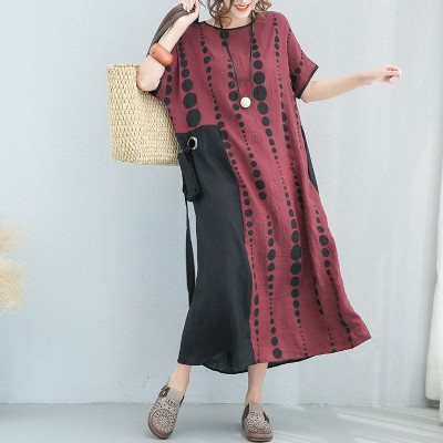 Fine burgundy linen caftans plus size dotted linen clothing dress 2018 patchwork linen caftans