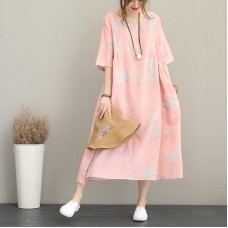 stylish pink prints long linen dresses oversize o neck linen clothing dresses casual half sleeve kaftans