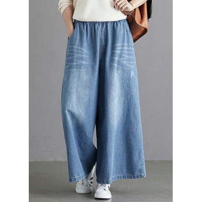 Organic Light Blue Elastic Waist Pockets Cotton Wide Leg Denim Pants Spring