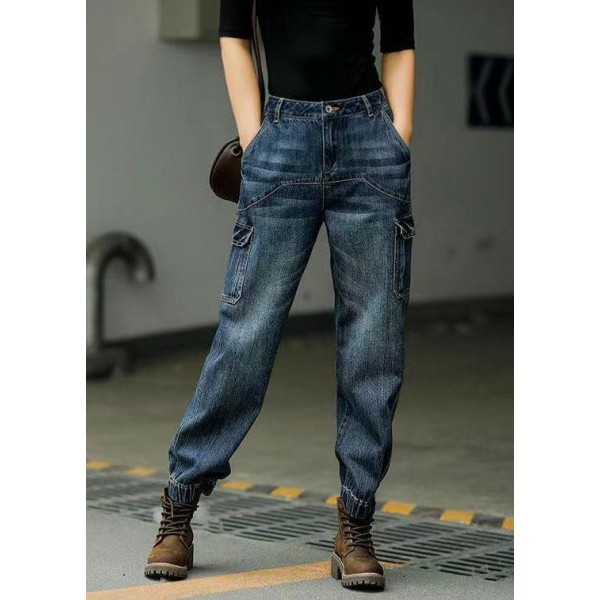 Style Blue Original Design Pockets Patchwork Cotton Denim Beam Pants Spring