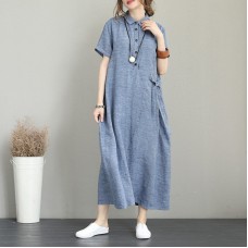 Elegant blue natural linen dress plus size side tie waist linen clothing dress Elegant lapel collar linen caftans