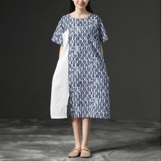 French linen Wardrobes Fashion Linen Blue Round Neck Loose Commuter Dress