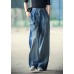 Elegant Denim Blue High Waist Pockets Button Cotton Loose Wide Leg Pants Spring