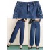 Navy Pockets Patchwork Cotton Denim Harem Pants High Waist Spring