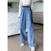 Plus Size Blue Original Design Elastic Waist Pockets Cotton Denim Wide Leg Pants Summer