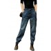 Style Blue Original Design Pockets Patchwork Cotton Denim Beam Pants Spring