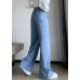 Plus Size Blue Original Design Elastic Waist Pockets Cotton Denim Wide Leg Pants Summer