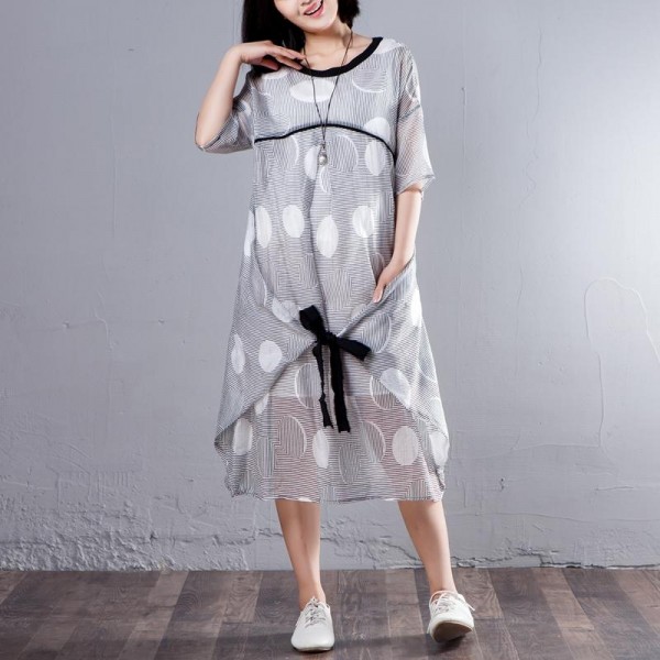 Simple cotton linen tunic dress fine Loose Half Sleeve Stripe Round Neck Casual Dress