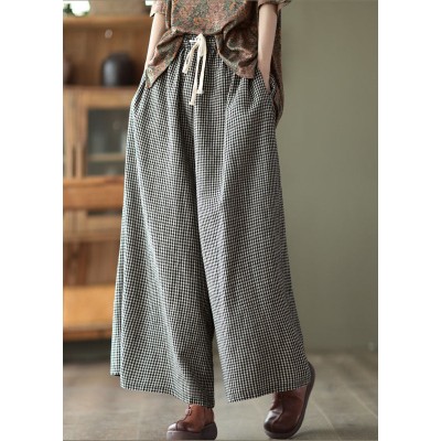 Small Plaid Loose Linen Wide Leg Pants Drawstring Summer