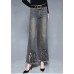 French Blue High Waist Pockets Hollow Out Cotton Denim Flare Pants Summer