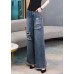 French Denim Blue High Waist Hole Embroideried Pockets Cotton Wide Leg Pants Spring