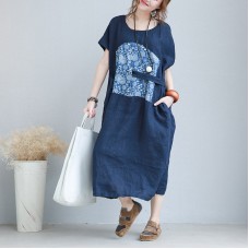 stylish blue linen shift dresses plus size linen cotton dress fine tie waist prints linen clothing dresses